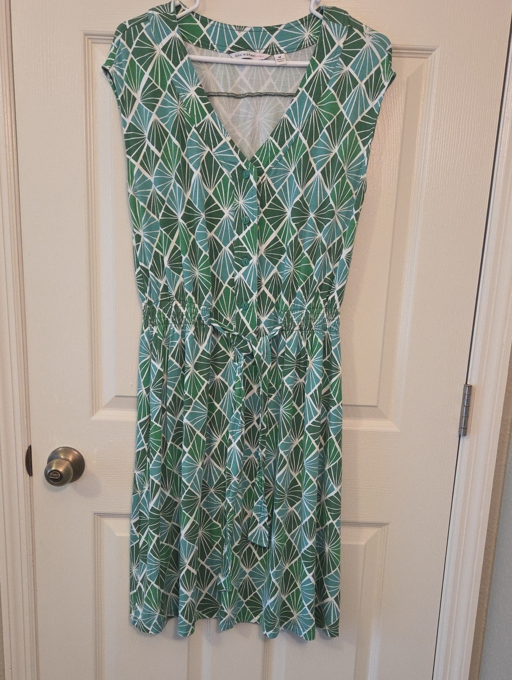 Isaac Mizrahi Green and White Geometric Midi Dress Size Medium